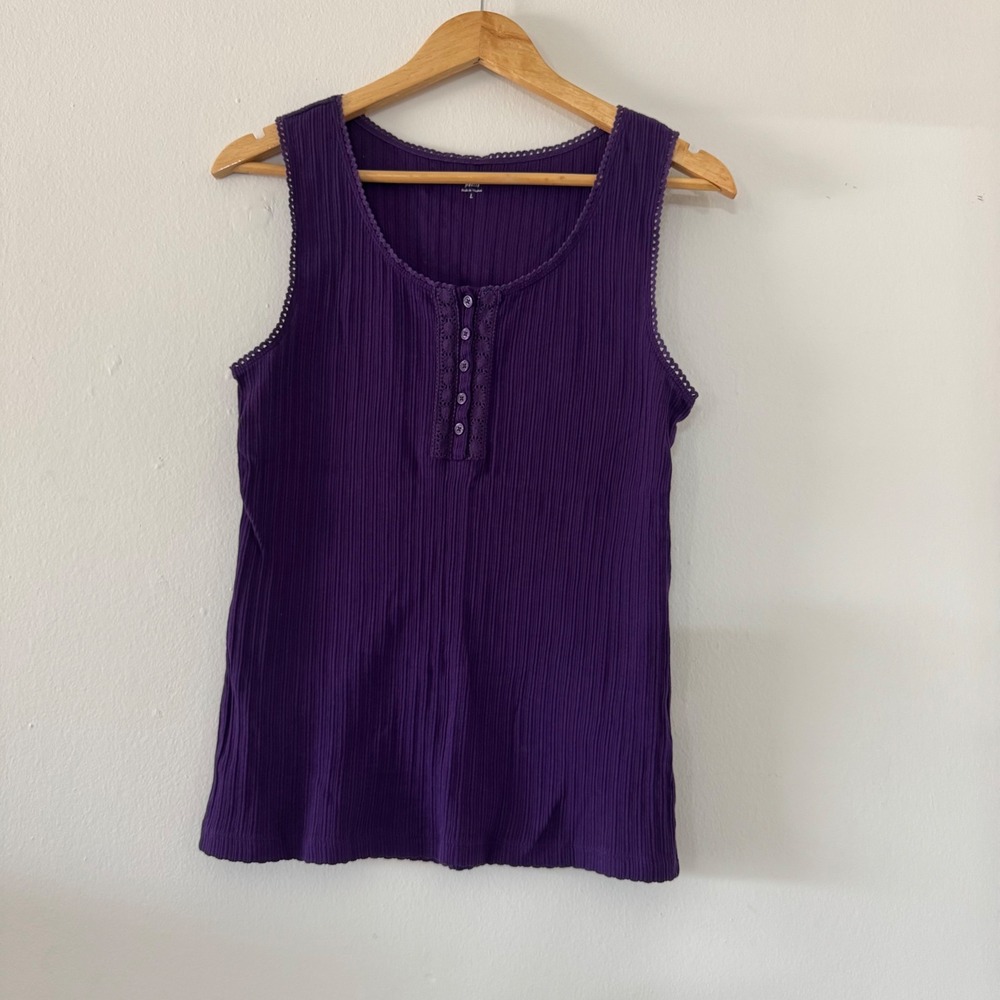Purple Ribbed Henley Tank Top Cotton Lace Trim L Elena Gilbert Bella Swan Y2K